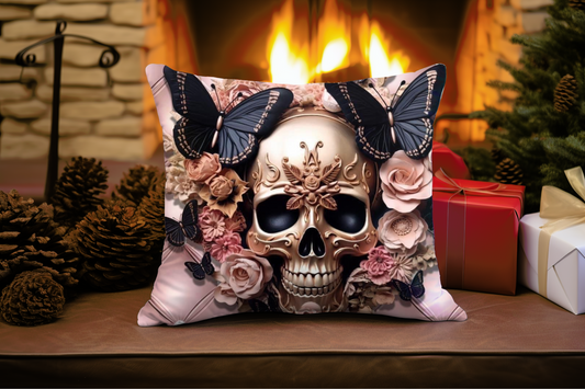 Pillow Valentines Rose Gold skull butterflies photo pillow